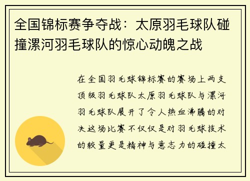 全国锦标赛争夺战：太原羽毛球队碰撞漯河羽毛球队的惊心动魄之战