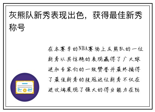灰熊队新秀表现出色，获得最佳新秀称号