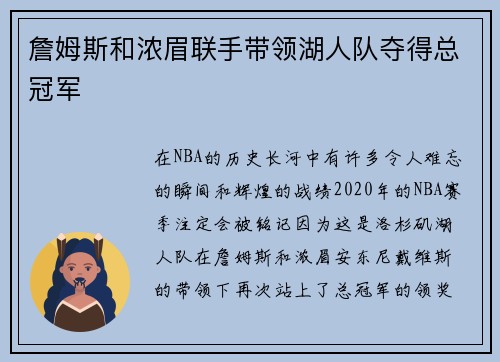 詹姆斯和浓眉联手带领湖人队夺得总冠军